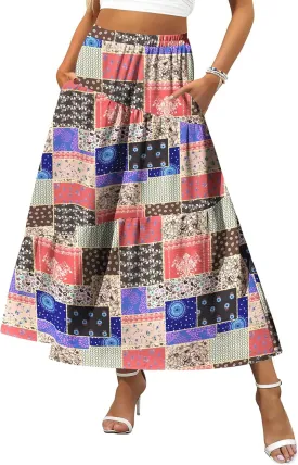 Zeagoo Women's Midi Summer 2025 Boho Elastic High Waist A-Line Flowy Swing Asymmetric Tiered Skirt Dress with Pockets