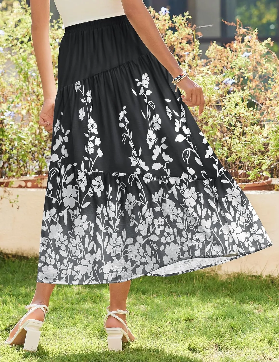 Zeagoo Women's Midi Summer 2025 Boho Elastic High Waist A-Line Flowy Swing Asymmetric Tiered Skirt Dress with Pockets