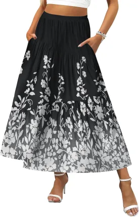 Zeagoo Women's Midi Summer 2025 Boho Elastic High Waist A-Line Flowy Swing Asymmetric Tiered Skirt Dress with Pockets