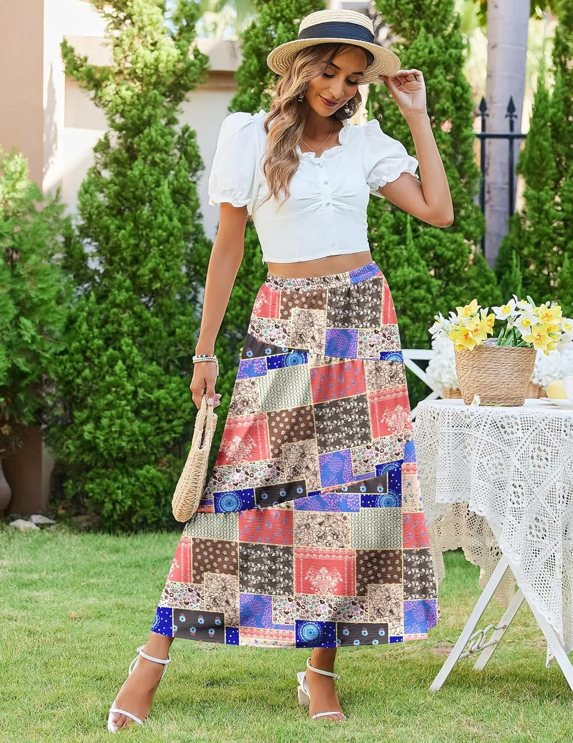 Zeagoo Women's Midi Summer 2025 Boho Elastic High Waist A-Line Flowy Swing Asymmetric Tiered Skirt Dress with Pockets