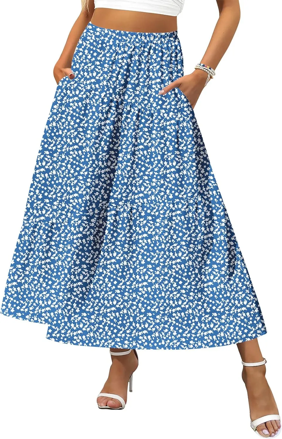 Zeagoo Women's Midi Summer 2025 Boho Elastic High Waist A-Line Flowy Swing Asymmetric Tiered Skirt Dress with Pockets