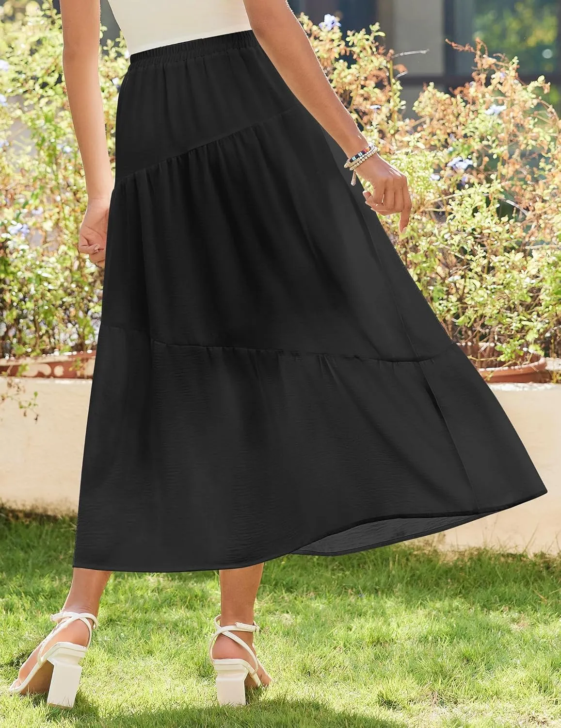 Zeagoo Women's Midi Summer 2025 Boho Elastic High Waist A-Line Flowy Swing Asymmetric Tiered Skirt Dress with Pockets